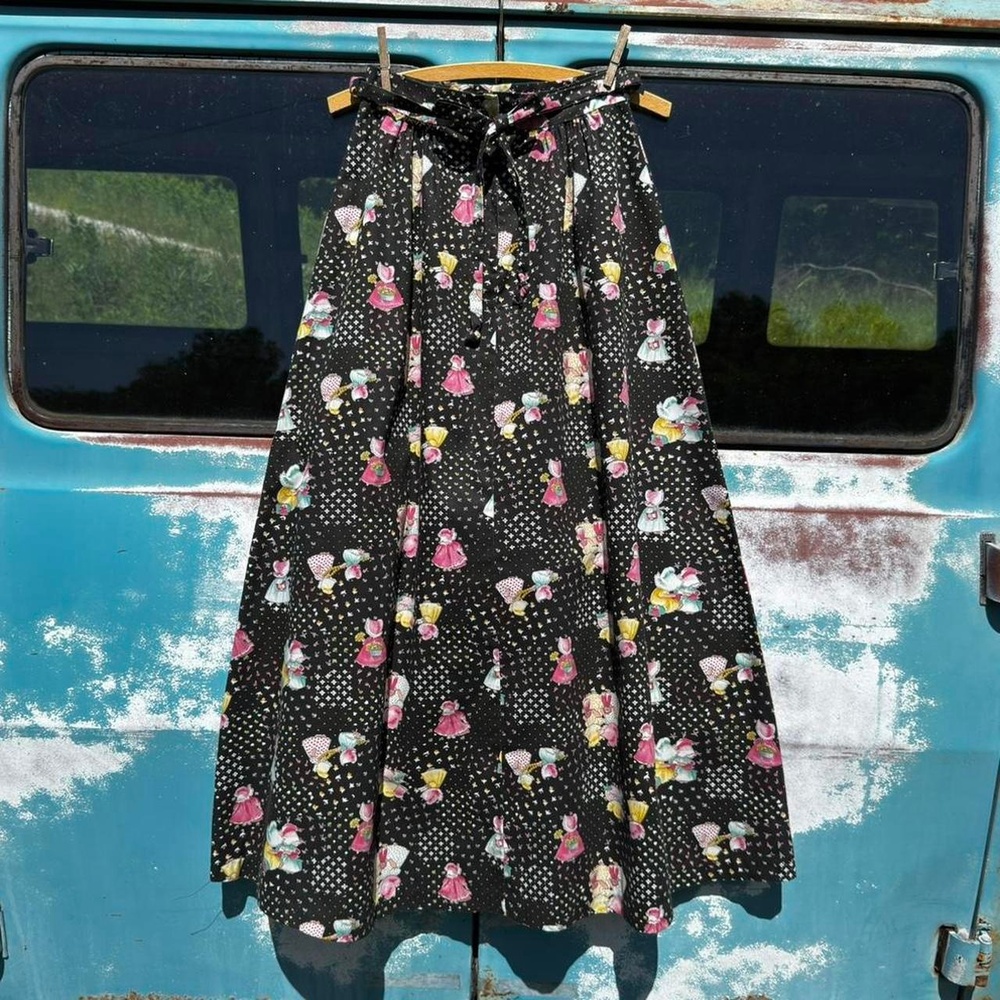 70s holly hobbie ditzy floral cotton print maxi skirt matching belt zip back
